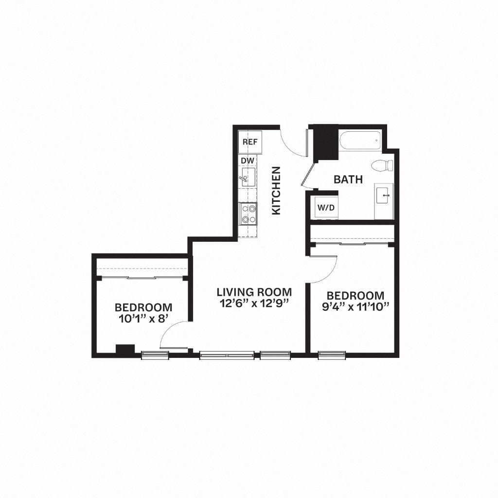 Floor plan for 2 beds, 1 bath, 653 sqft